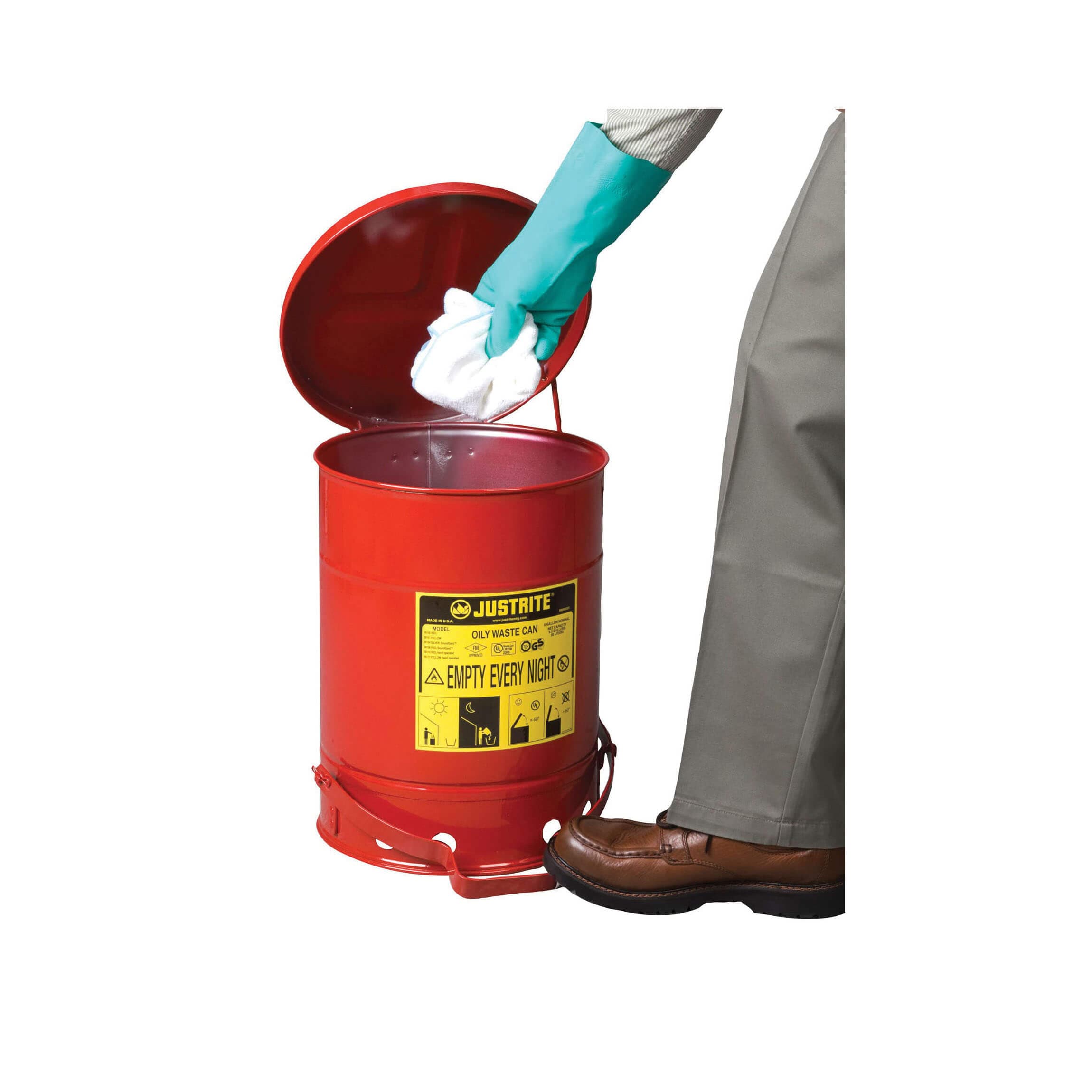 Justrite® 09100 Foot Operated Oily Waste Can with Self-Closing Cover, 6 gal Capacity, 11-7/8 in dia x 15-7/8 in H, Red (2)