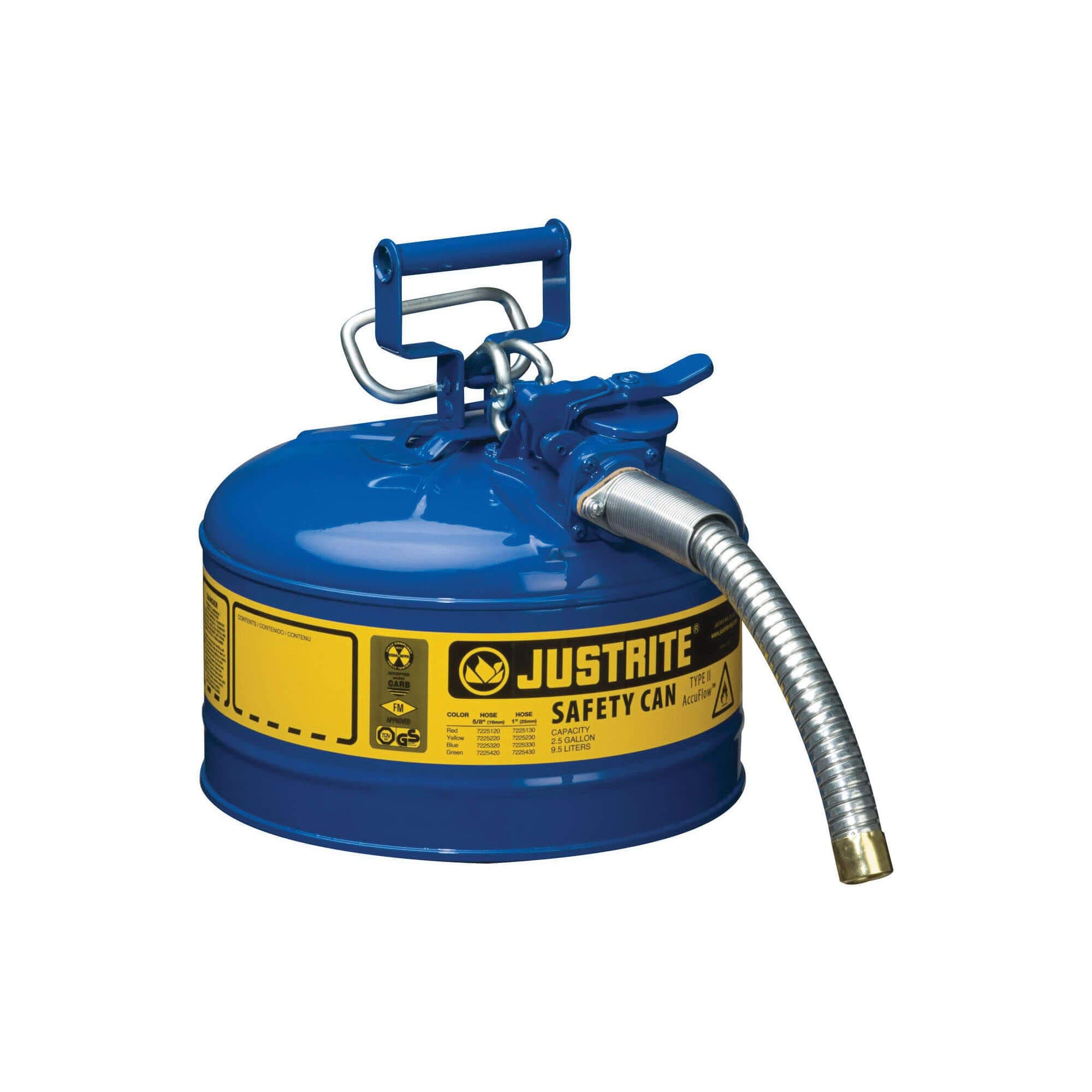 Justrite® 7225330 AccuFlow™ Type II Safety Can with 1 in OD x 9 in L Metal Hose, 2.5 gal Capacity (2)