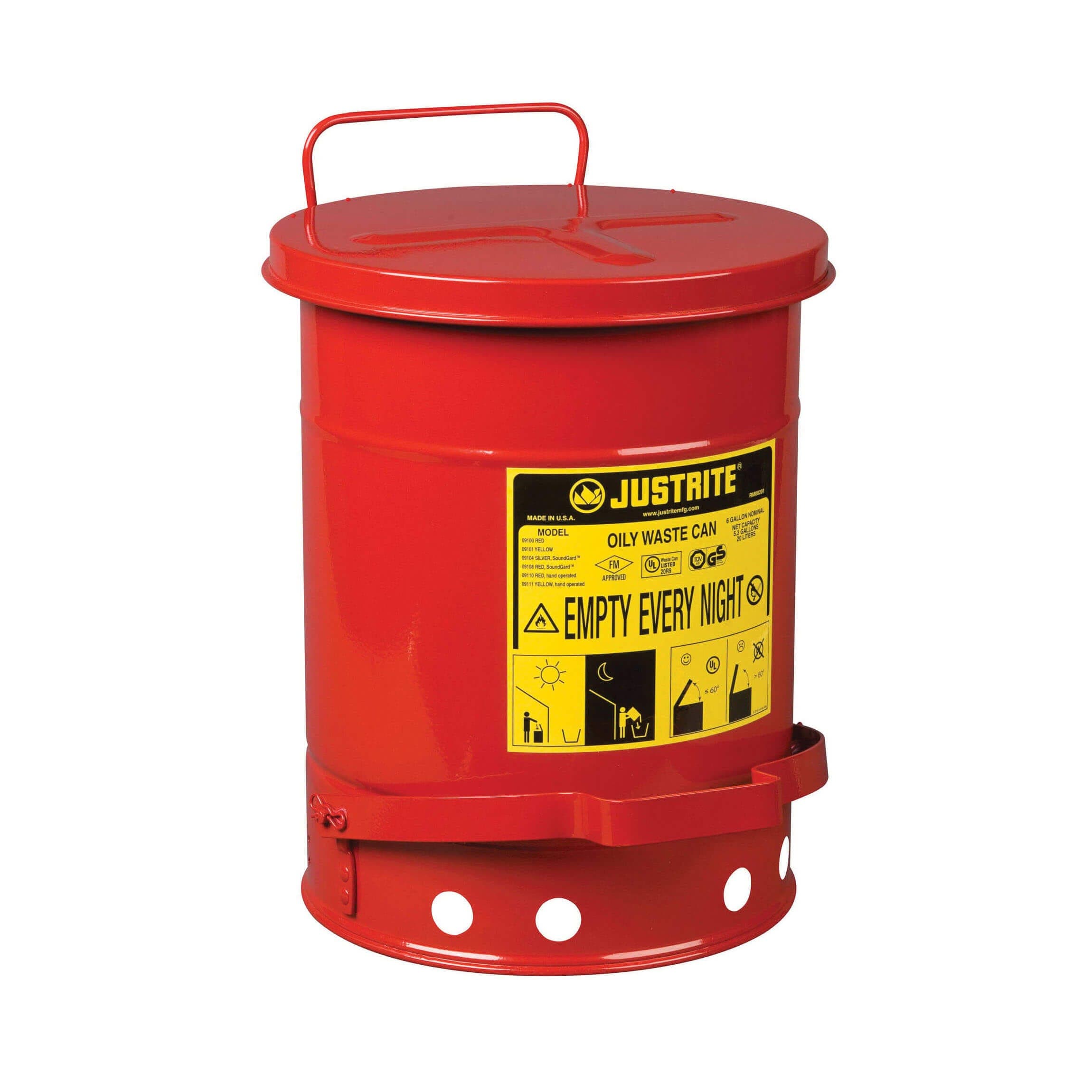 Justrite® 09100 Foot Operated Oily Waste Can with Self-Closing Cover, 6 gal Capacity, 11-7/8 in dia x 15-7/8 in H, Red (5)