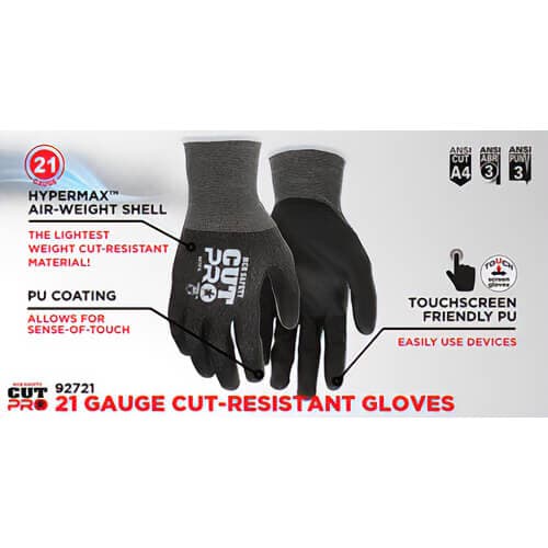 MCR Safety 92721L CutPro® Cut Resistant Work Gloves, Large, Black, 21 Gauge, Coated Palm and Fingertips, ANSI Cut Level A4 (5)