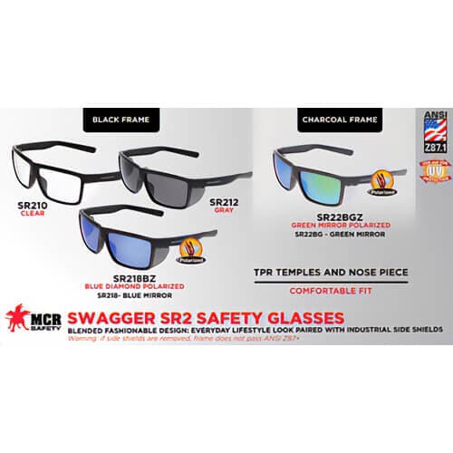 MCR Safety SR212 Swagger® Black Safety Glasses, Gray Lens, Duramass® Hard Coat, Detachable Side-Shields, Retro Style, TPR (5)