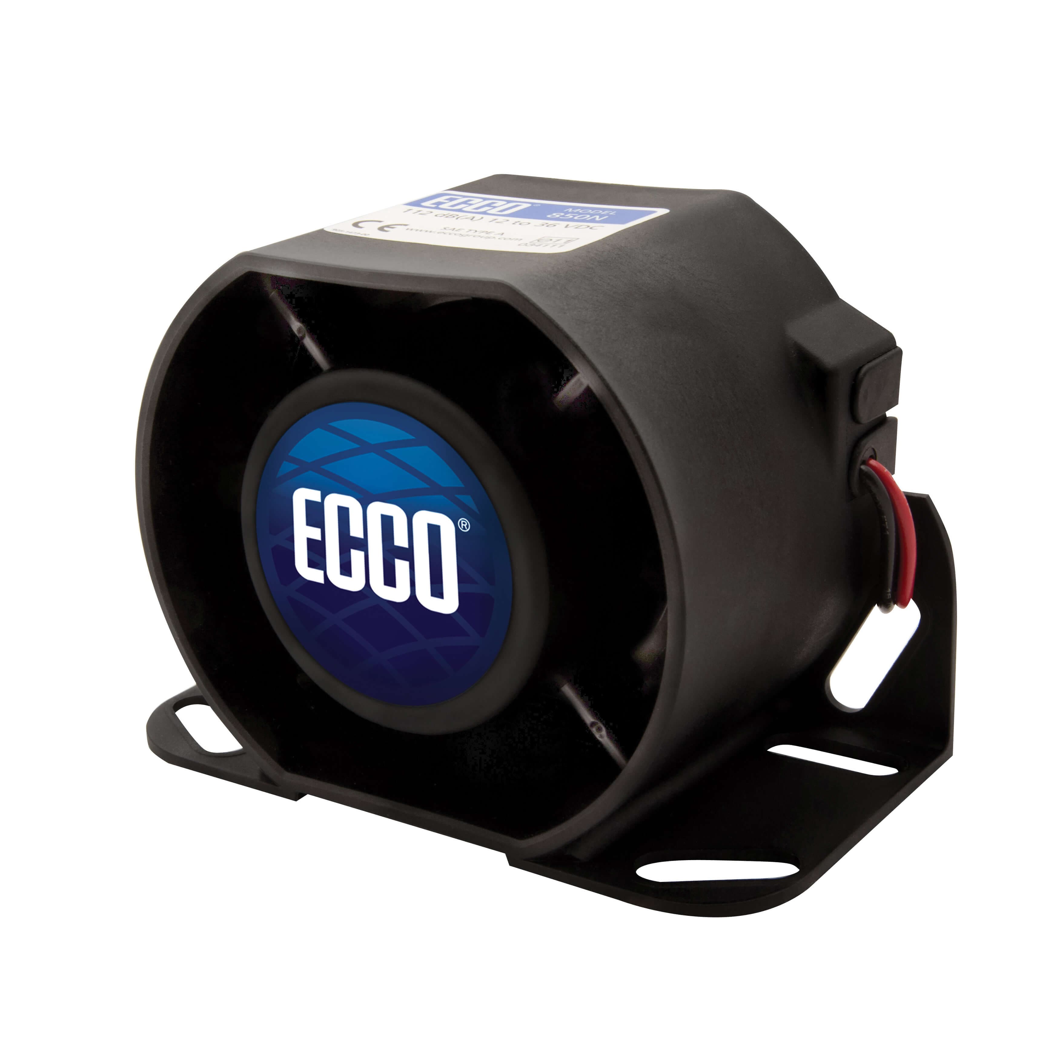 ECCO® 850N Back-Up Alarm, 12 to 36 VDC, 1.3 A, 700 to 2800 Hz, 112 dB, 5.7 in Width, 4.2 in Height, -40 to 185°F, 800 Series (2)