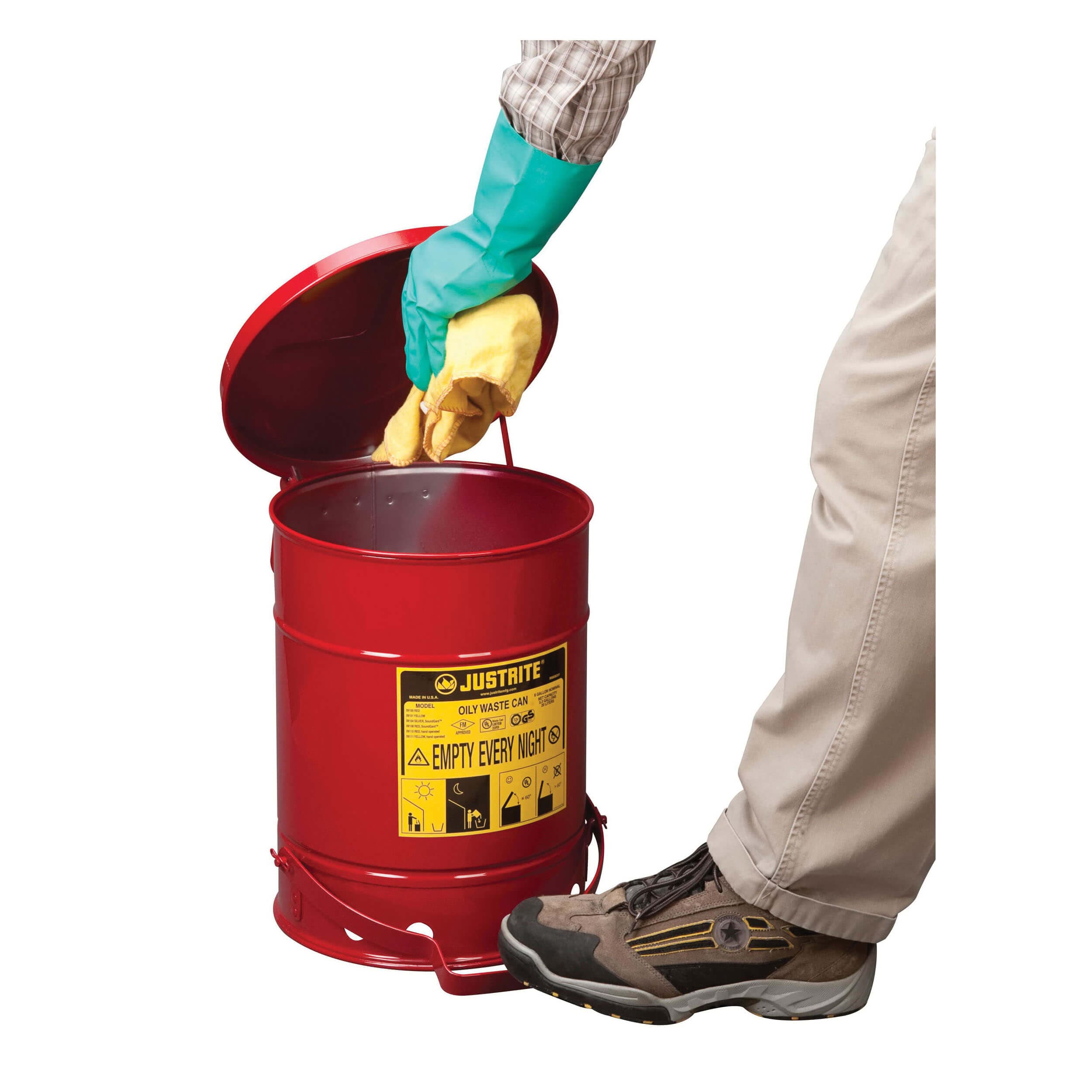 Justrite® 09100 Foot Operated Oily Waste Can with Self-Closing Cover, 6 gal Capacity, 11-7/8 in dia x 15-7/8 in H, Red (3)